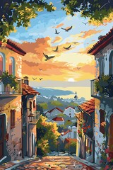 Wall Mural - Sunset View of a European Town