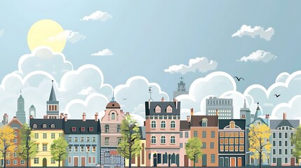 Wall Mural - Cityscape Illustration With Buildings and Trees