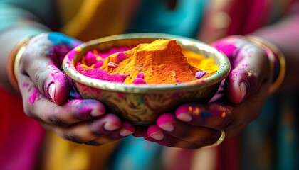 Wall Mural - Vibrant close-up of hands holding bowls of gulal, showcasing the rich textures and colors of Holi powders, embodying the festive spirit and essence of celebration.