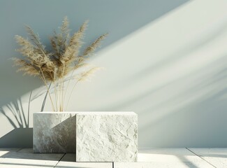 Canvas Print - Minimalist Abstract Stone Platform With Dried Grass Against A Blue Wall