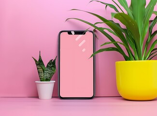 Wall Mural - Smartphone Mockup on Pink Background With Plants