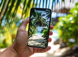 Wall Mural - Hand Holding Phone With Tropical Beach Scene