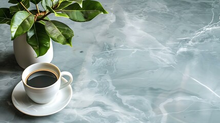 Poster - Closeup of a Cup of Coffee on a Marble Surface with a Green Plant