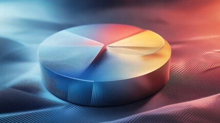 Close-up of a metallic pie chart with three sections, blue, pink and yellow, resting on a textured surface.