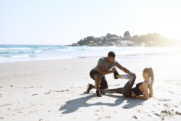 Poster - Warm up, health and couple on beach for start of training, fitness and personal trainer. Race, exercise and marathon cardio with people in nature for running, sports and stretching performance