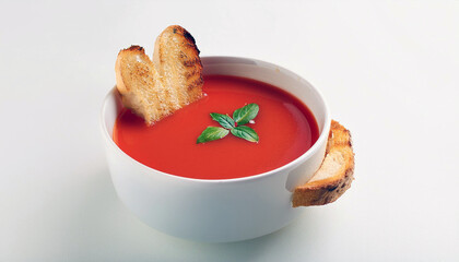 Wall Mural - Tomato soup with croutons and basil in a white bowl