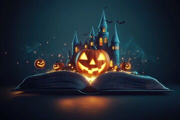 Halloween background in dark night with pumpkin and open book for product banner for promotion sales. Halloween background 3D rendering.