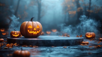 Wall Mural - Halloween background with pumpkins and empty minimal podium for product