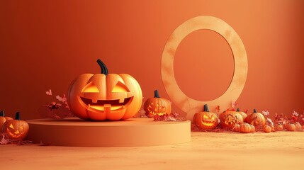 Wall Mural - Halloween background with pumpkins and empty minimal podium for product