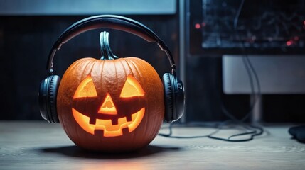 Wall Mural - Halloween pumpkin with headphones for music