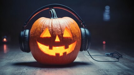 Wall Mural - Halloween pumpkin with headphones for music