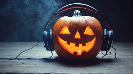 Wall Mural - Halloween pumpkin with headphones for music