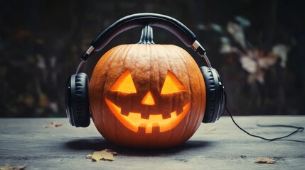 Wall Mural - Halloween pumpkin with headphones for music