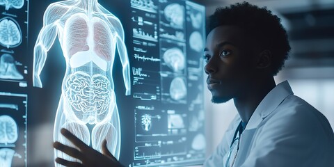 Poster - Young black trainee doctor nurse studying ai medical scans. futuristic holographic artificial intelligence hologram of human body. Anatomical diagram. Futuristic & innovative healthcare