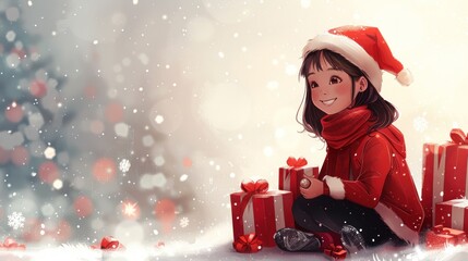 Wall Mural - A joyful child in a red holiday outfit sits among beautifully wrapped presents at winter festivities. Generative AI