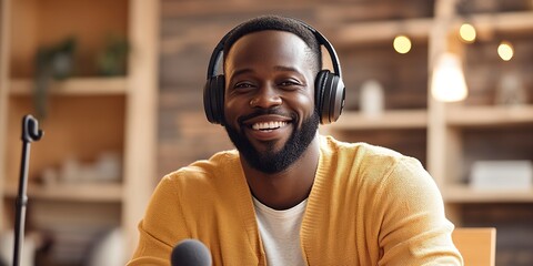 Sticker - Young African American man host in headphones enjoying podcasting in his home studio.