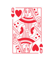 Queen character, Hearts suit playing card, vintage classic design, isolated on white, editable stroke line, vector illustration.