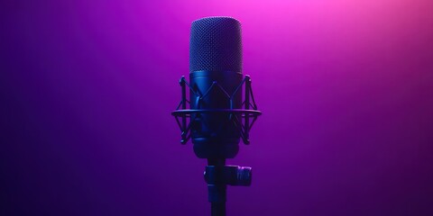 Wall Mural - The sound recording studio showcases a professional microphone against a vibrant purple background making it a perfect backdrop for a podcast or recording studio There is ample copy space available