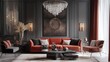 © B 7 YOU - Elegant living room interior with red velvet sofa, armchairs, and a crystal chandelier.