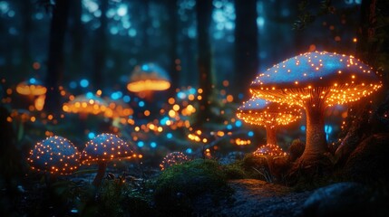 Wall Mural - Fairy tale forest with glowing mushrooms, blue and orange colors, fantasy style, night forest background