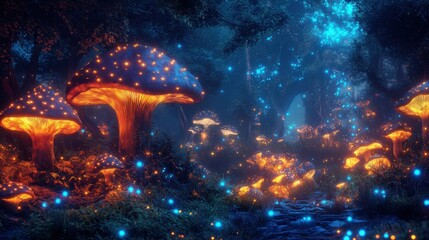 Fairy tale forest with glowing mushrooms, blue and orange colors, fantasy style, night forest background