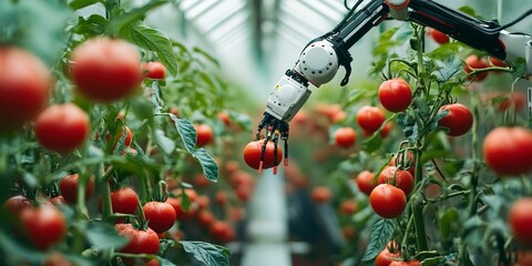 Canvas Print - Smart farming technology with robotic greenhouse assistance, great for innovation in agriculture articles