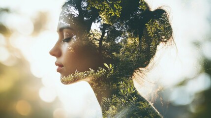 Double exposure image of a woman's face with a forest growing inside her.