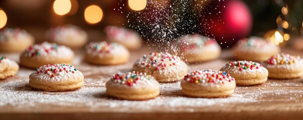 Delicious cookies decorated with colorful sprinkles and powdered sugar, perfect for festive celebrations and sweet treats.