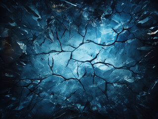 Excellent ice winter background, dark hole, cracks grunge texture blue wallpaper