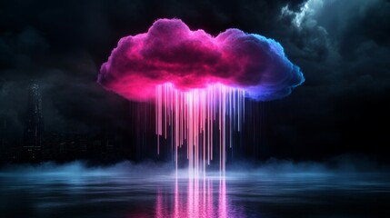 Futuristic cloud network made of neon light, dark background