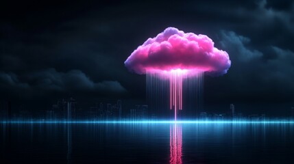 Futuristic cloud network made of neon light, dark background