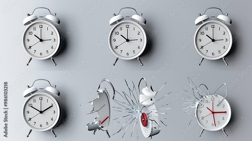 Alarm clock on transparent cutout, different angles, ringing, hands ...