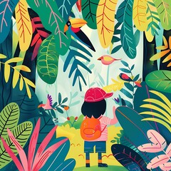 Wall Mural - Kid Exploring Colorful Jungle With Birds