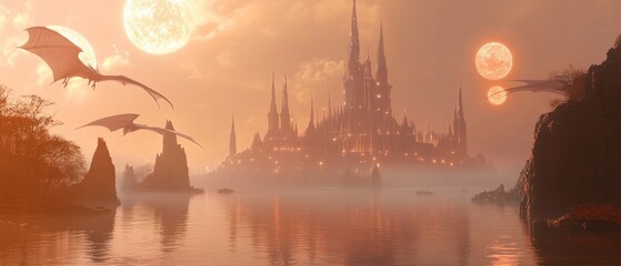 Poster - A mystical landscape featuring a castle, dragons, and two suns over a serene water body.