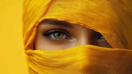 Canvas Print - A woman with a yellow scarf covering her face