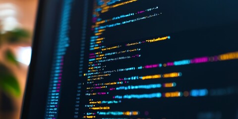 Programming code typing. Developer software programming code. Software data monitor new function. Abstract computer script code. Web or application development, business 