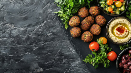 Delicious Middle Eastern falafel served with hummus, fresh vegetables, and olives on black slate background, creating vibrant and appetizing presentation