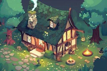 Sticker - Nighttime Cottage in a Magical Forest Illustration