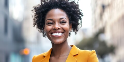 Sticker - portrait of a joyful african american businesswoman in the city 