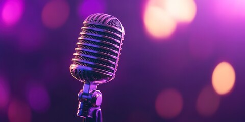 Poster - podcast concept microphone on purple blurry background 