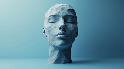 Wall Mural - A head with a stone face is on a blue background