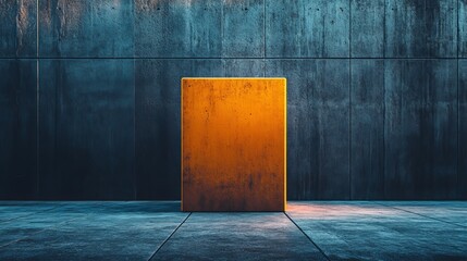 Poster - A large orange box is sitting in a room with a blue wall