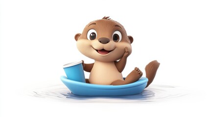 Cute Cartoon Otter Floating Happily in Blue Water