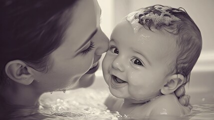 A mother and baby sharing a tender moment during a bath, with the parents loving eyes and the babys relaxed expression.