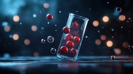 Glass jar with floating red spheres and bubbles