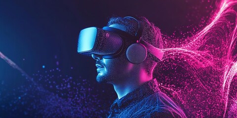 Canvas Print - Man wearing VR glass with digital blue and pink abstract wave and dot dark background 