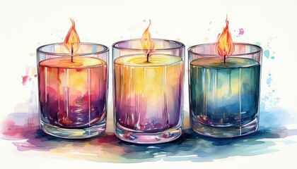 Wall Mural - three vibrant glass candles painted in watercolor style, showcasing warm flames and colorful reflect