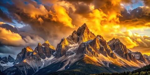 The golden sunrise casts its warm rays upon jagged mountain peaks, painting a breathtaking landscape against a vibrant, cloud-streaked sky with soft pinks and oranges.