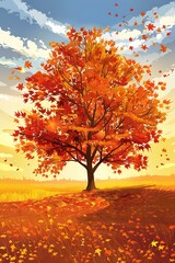 Sticker - Autumn Landscape With Red Maple Tree