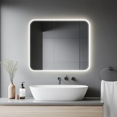 Wall Mural - Frameless mirror with backlighting in a gray minimalist bathroom, minimalist bathroom mirror, sleek and modern